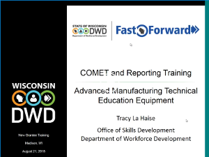 Title Screen of Webinar: COMET and Reporting Training for the Advanced Manufacturing Technical Education Equipment